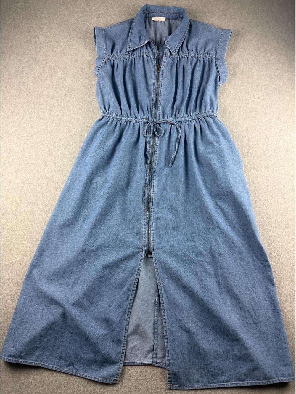 Entro Denim Chambray Midi Dress M Zip Front Tie Waist Cap Sleeve Western
